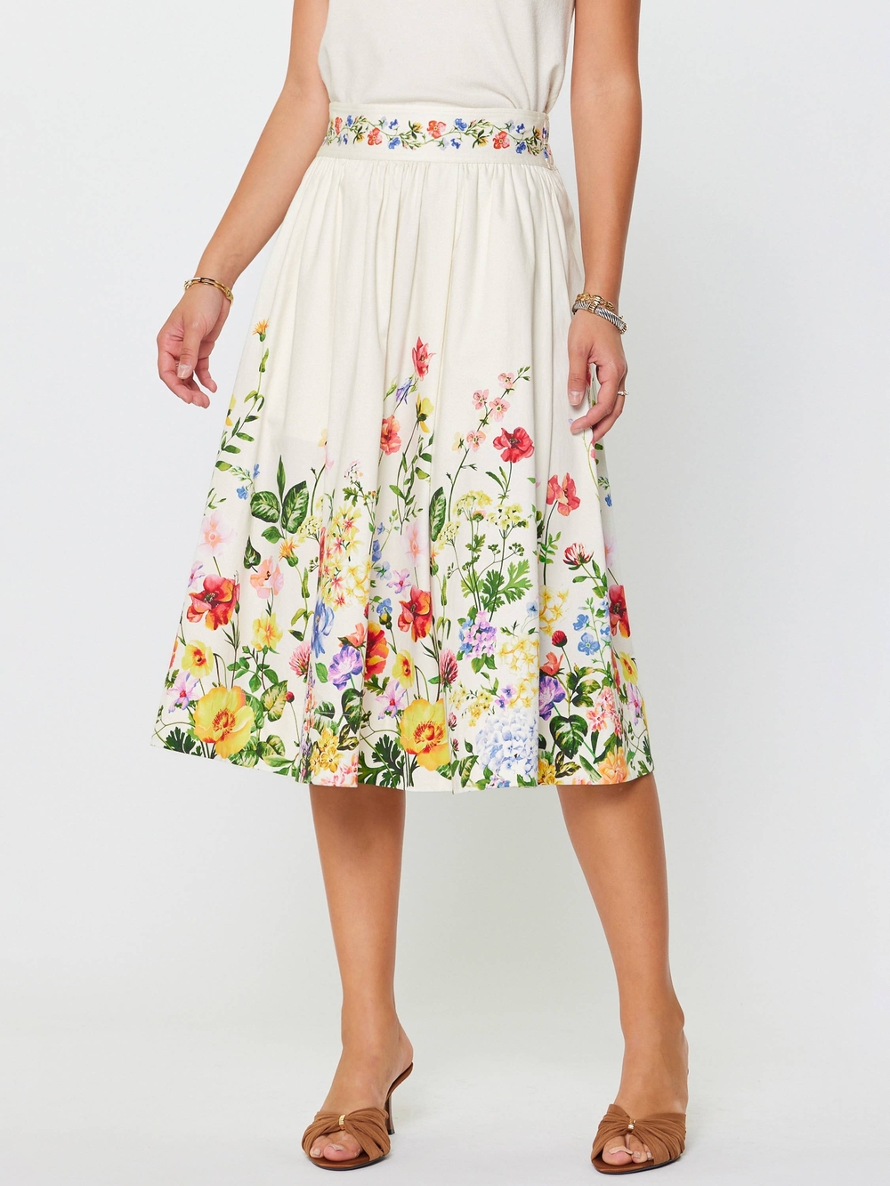 Women's Cream Floral Midi Skirt